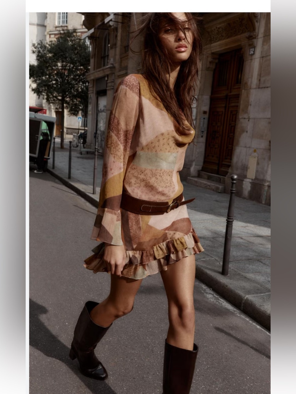 Zara Patchwork Ruffle Mini dress in Brown and Tan